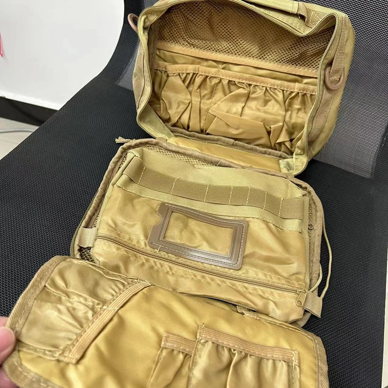 Tragbare Herren-Toilettentasche aus Oxford-Gewebe, Khaki, Reise-Organizer mit mehreren Taschen, hängende Waschtasche für Outdoor-Aktivitäten, Angeln und Kurzreisen – Detail 7