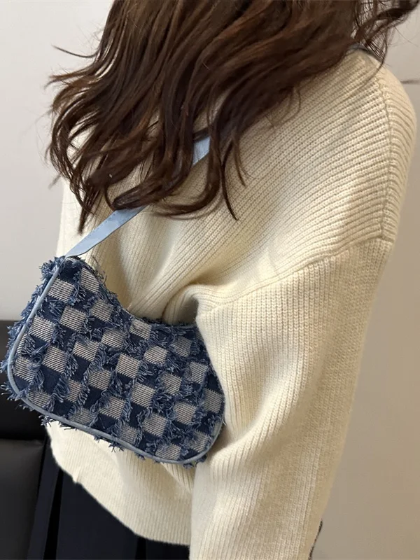 Casual Denim Plaid Tassel Star Women's Shoulder Bag Fashionable Retro High Aesthetic Value Single Shoulder Bag for Young Women