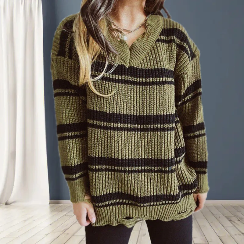 

2024 Fringe Sweater Lady Winter New Long Sleeve V-neck Striped Sweater Large Version Of Loose Pullover Top Comfortable Sweater