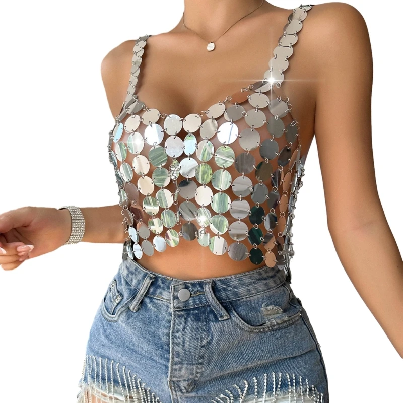 Summer Mirror Chain Bras Hollows Out Sleeveless Backless Chain Tops