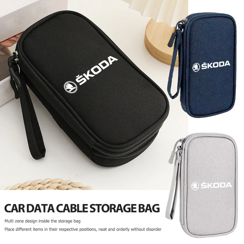 For Skoda Portable Car driver's license Cable Gadget Card Pouch keys Storage Bag Kodiaq Octavia 2 3 Rapid Karoq Fabia Kamiq