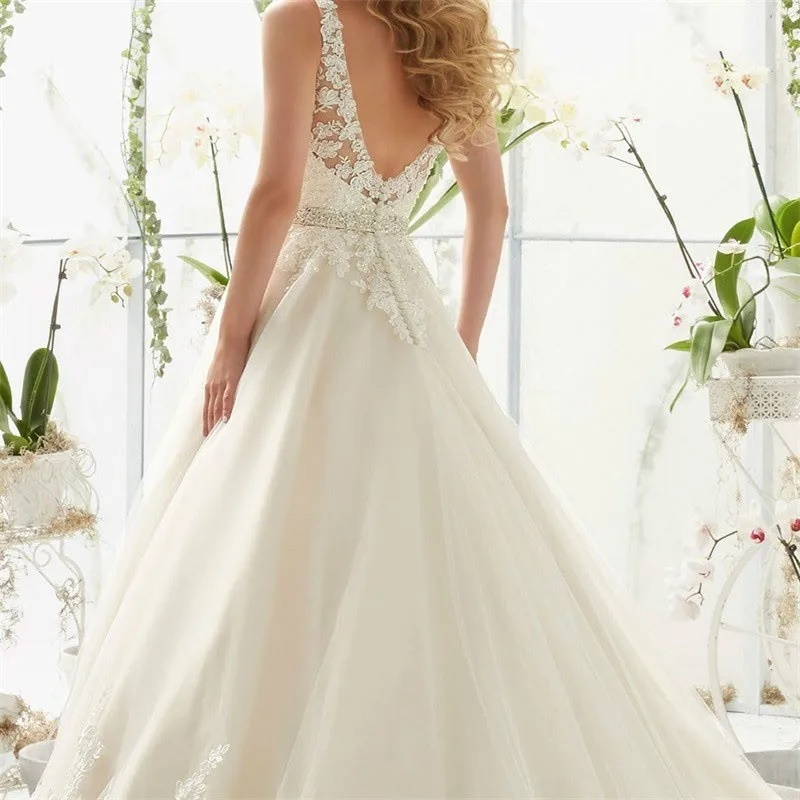 Vestidos de casamento de renda sexy trem longo simples noiva até o chão manga longa apliques rendas até vestidos de casamento abertos nas costas