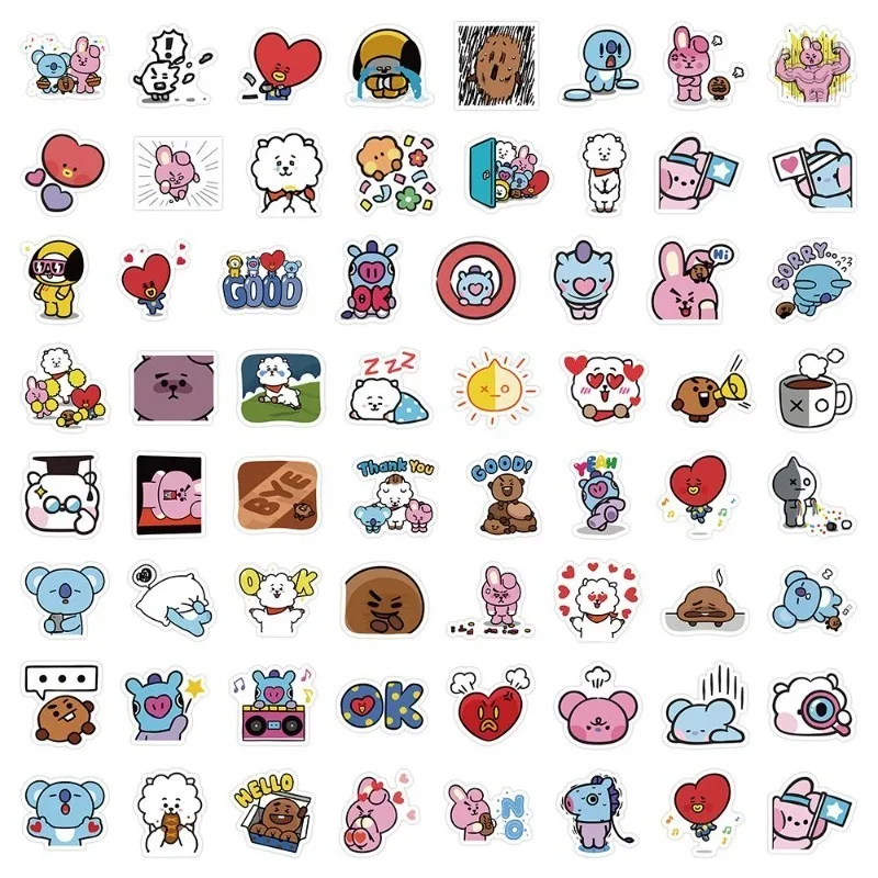 62pcs Bt21 Popular Anime Kawaii TATA KOYA PVC Stickers Cartoon Diy Mobile Phone Case Refrigerator Water Cup Decorative Sticker