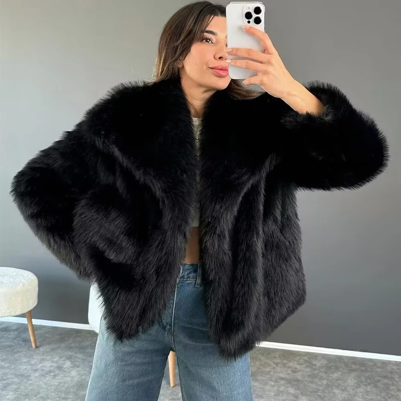 TRAF 2024 Women\'s Fur Coat Black Fluffy Jacket Autumn Winter Faux Fur Coat Plush Outerwears White Red Gray Warm Cropped Jacket