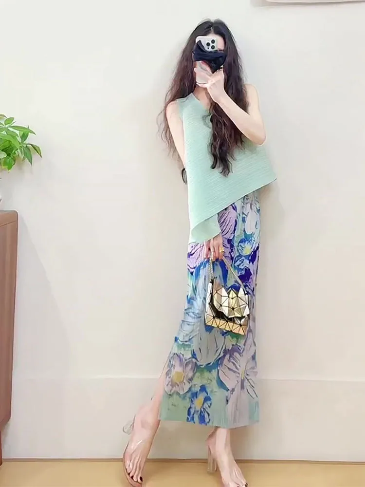 

Summer Outfit Three-Color Sleeveless Printed Skirt Pleated Set Women's Fashion Ensemble Polyester round Neck Overhead