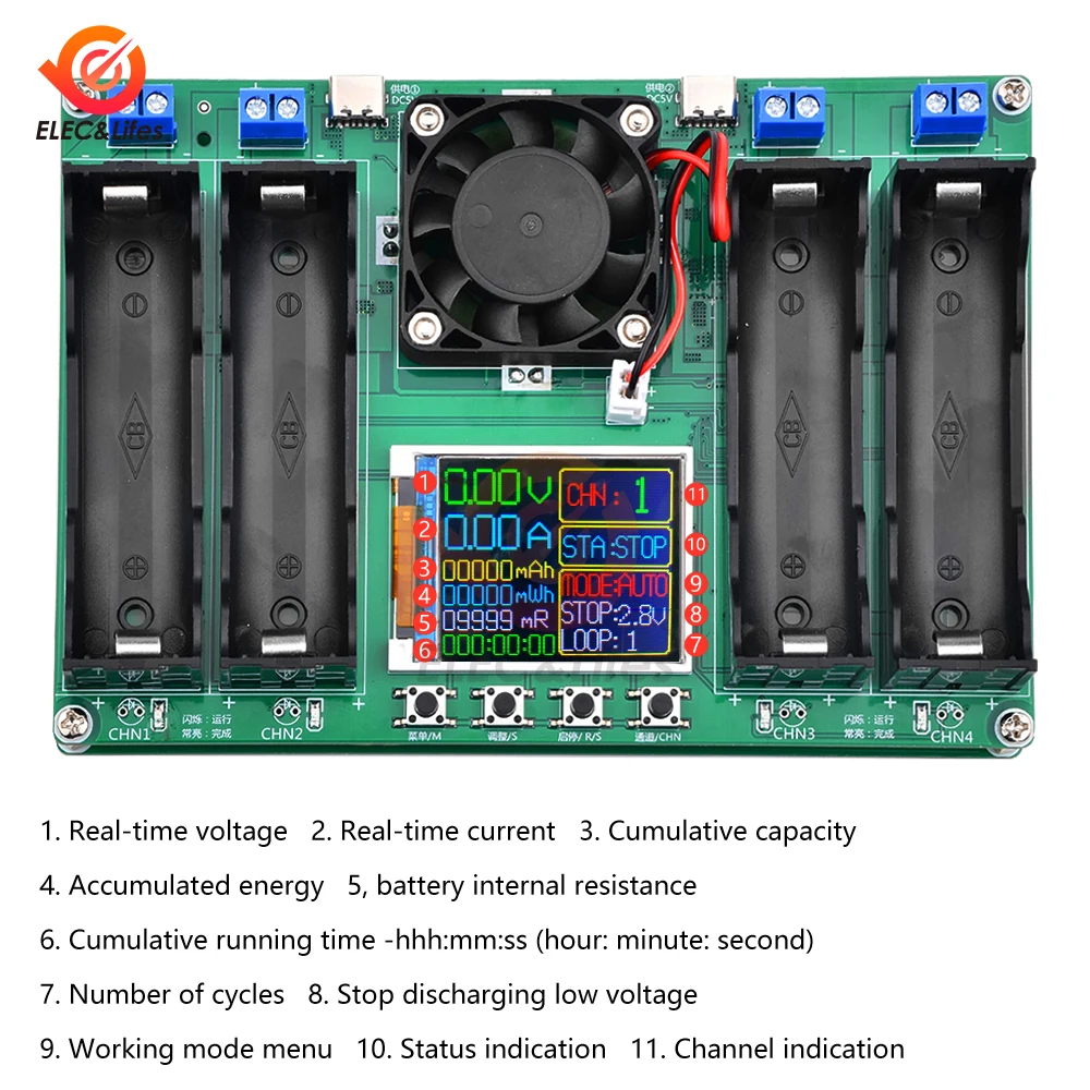 18650 Lithium Battery Capacity Tester Module MAh MWh Digital Four Batteries 18650 Battery Power Detector Tester Module Type-C