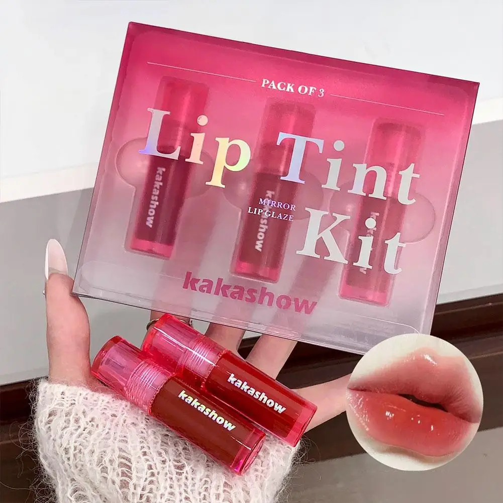 3Pcs Water Gloss Lip Tint Set Mirror Watery Liquid Lipstick Hydrating Shiny Lip Glaze Long Lasting Cosmetics