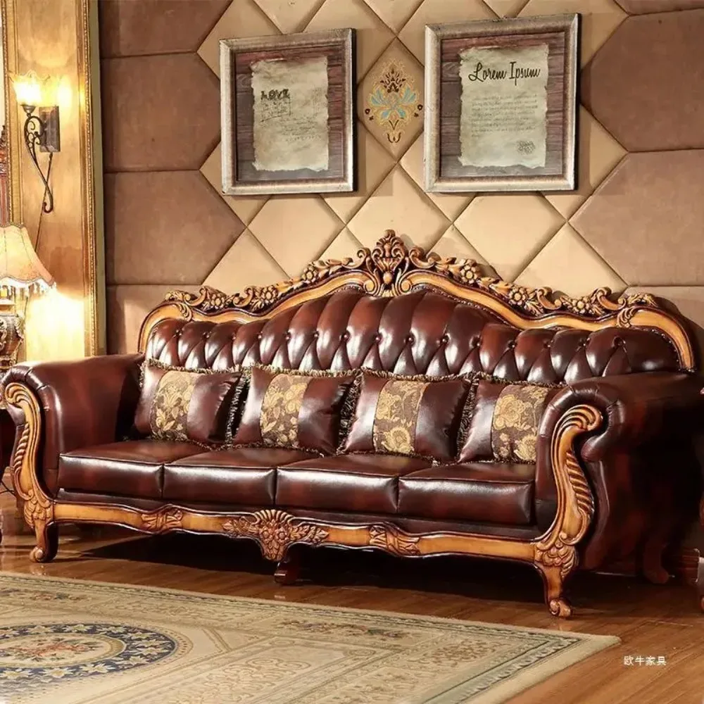 

European leather sofa combination solid wood carving flower dark antique 1234U type combination classical apartment