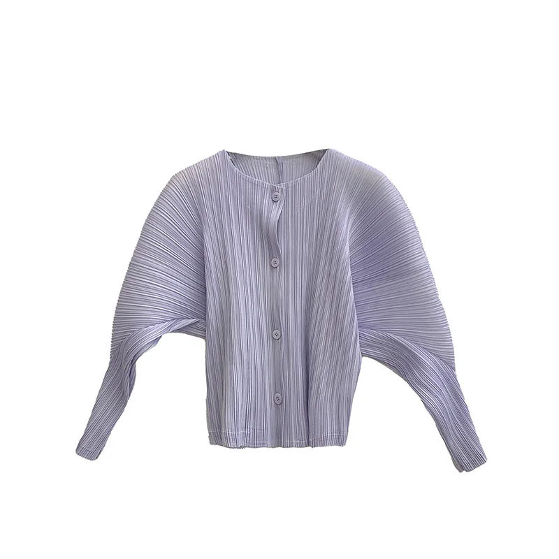 Miyake Fold 2025 Autumn New Solid Color Fold Sweet Age Reducing Cardigan Style Versatile Single Breasted Short Sleeved Coat Top