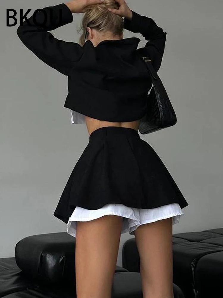 BKQU Fashion Two Piece Sets Women Jacket Outfit 2024 Vintage Long Sleeve Button Coat+High Waist Mini Skirt Female Y2K Streetwear