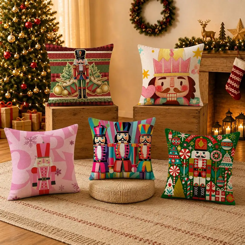 Character Nutcracker Cushion Cover Pillow Short Plush Cushion Covers for Living Room Sofa Christmas Festival Holiday Gift