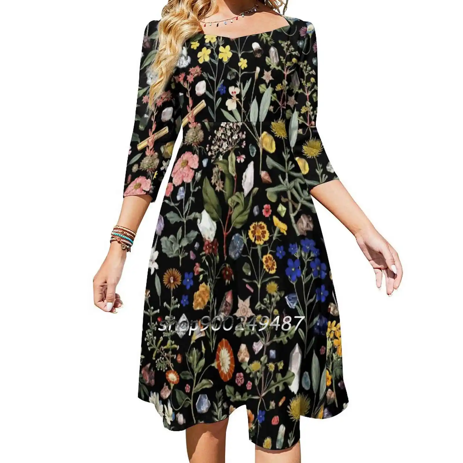 Healing Square Neck Dress Cute Loose Print Dresses Elegant Beach Party Dress Floral Digital Plant Flower Crystal Quartz Nature