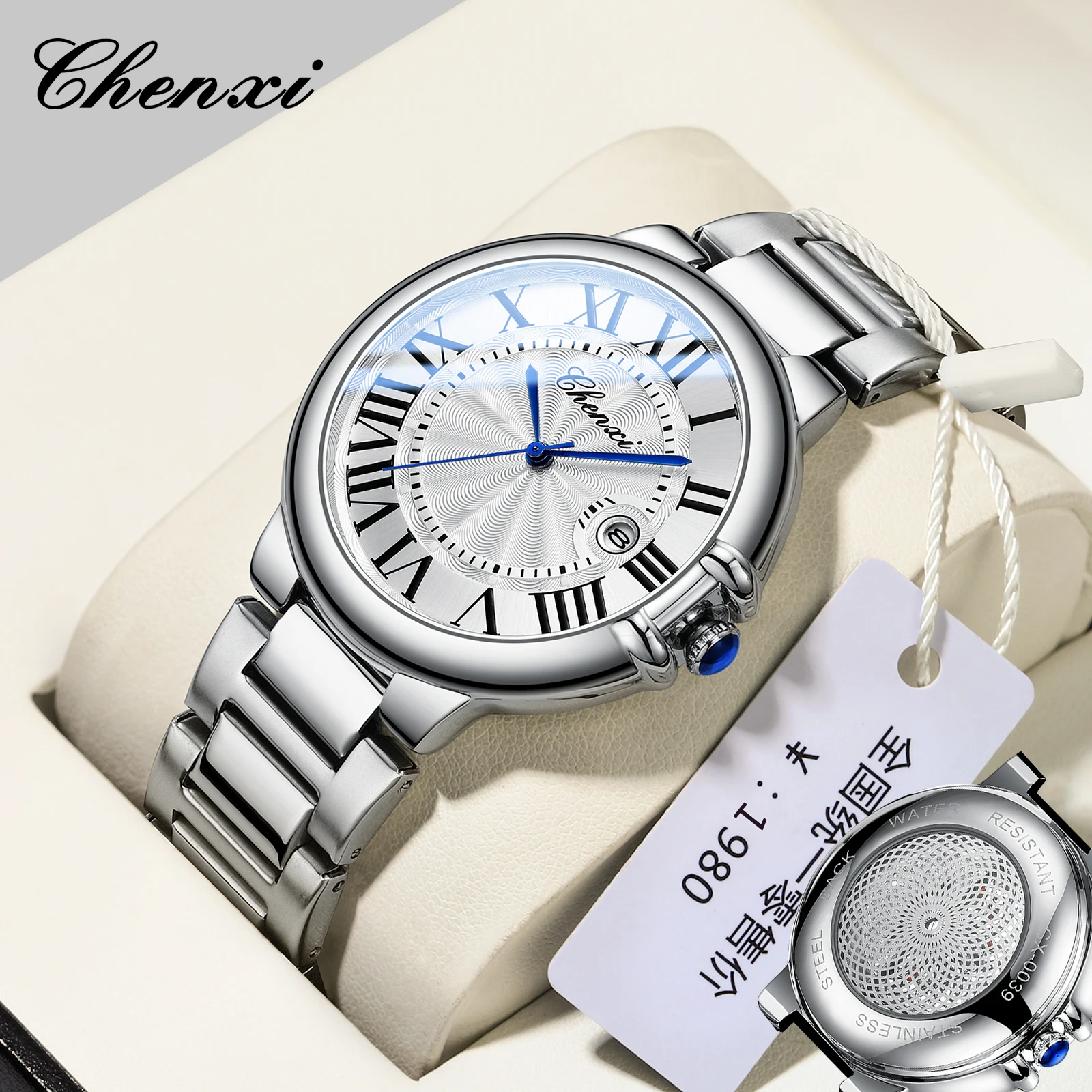 Chenxi 0039 New Men's Watches Original Silver Waterproof Calendar Luminous Quartz Watch Stainless Steel Strap Male Wristwatch