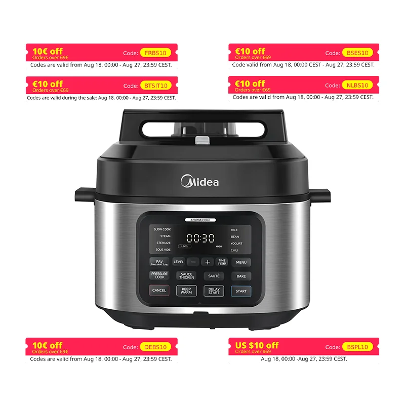 Midea-Olla múltiple 9 en 1, 6L con 12 funciones de cocción, olla a presión (olla lenta y arrocera, Sous Vide, fabricante de pasteles, etc.), 70% Fas