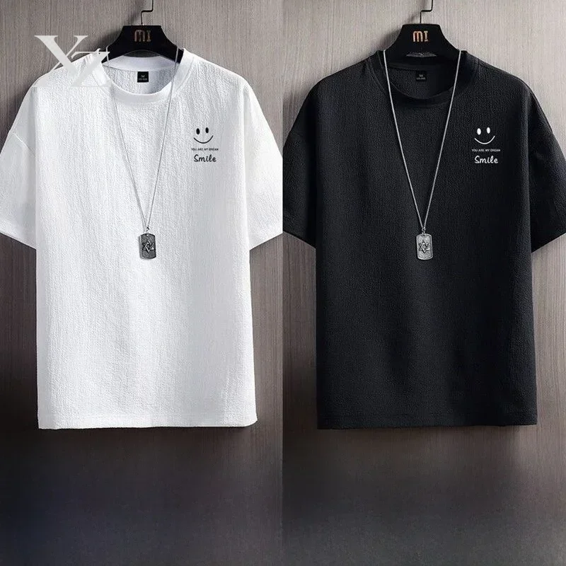 Hot Sale Men's Summer Cotton Linen Ice Silk Short Sleeve T-Shirt Loose Handsome Thin Breathable Half Top Base Shirt Wear