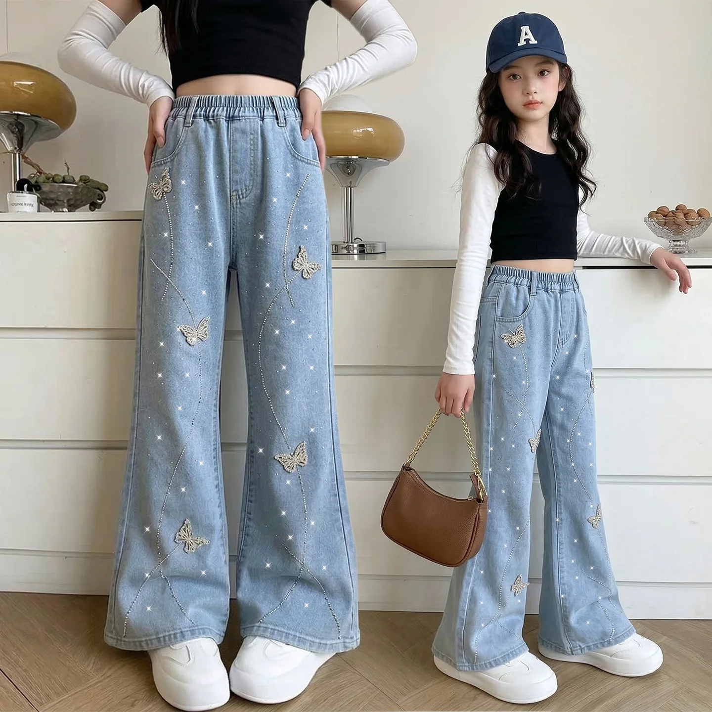 Mädchen-Jeans mit Glitzer-Schmetterlingsknoten, Frühlings-Neuheit, Teenager-Mode, Hochgeschnittene Slim-Fit Schlaghose