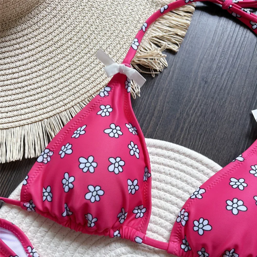 

Rose Red Floral Print String Halter Swimwear Triangle Micro Bikini Thong Sexy Swimsuit Women 2025 Bow Bathing Suit Bikinis Sets