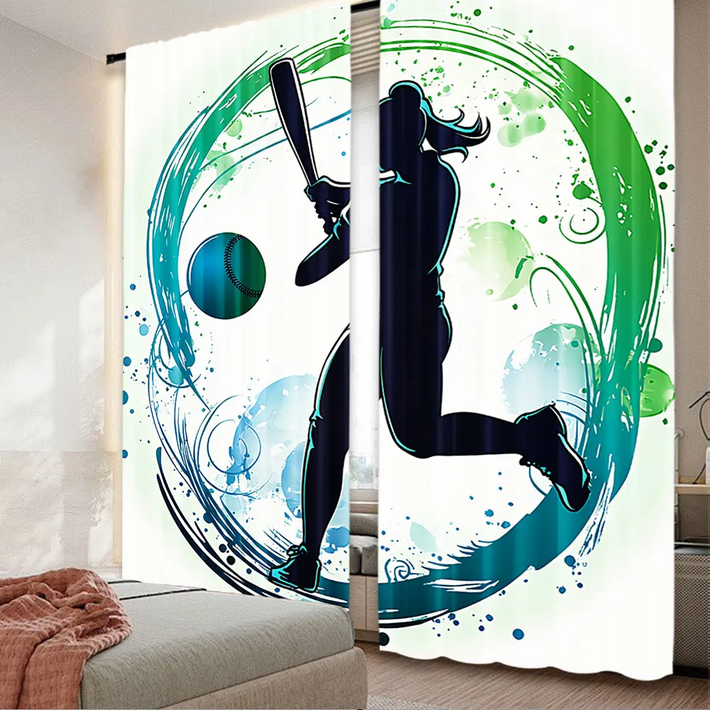 

2Pcs Baseball Curtain Baseball Player With Circles On His Bat Wild Pitch Fast Win Do It For Bedroom Living Room And Dining Room