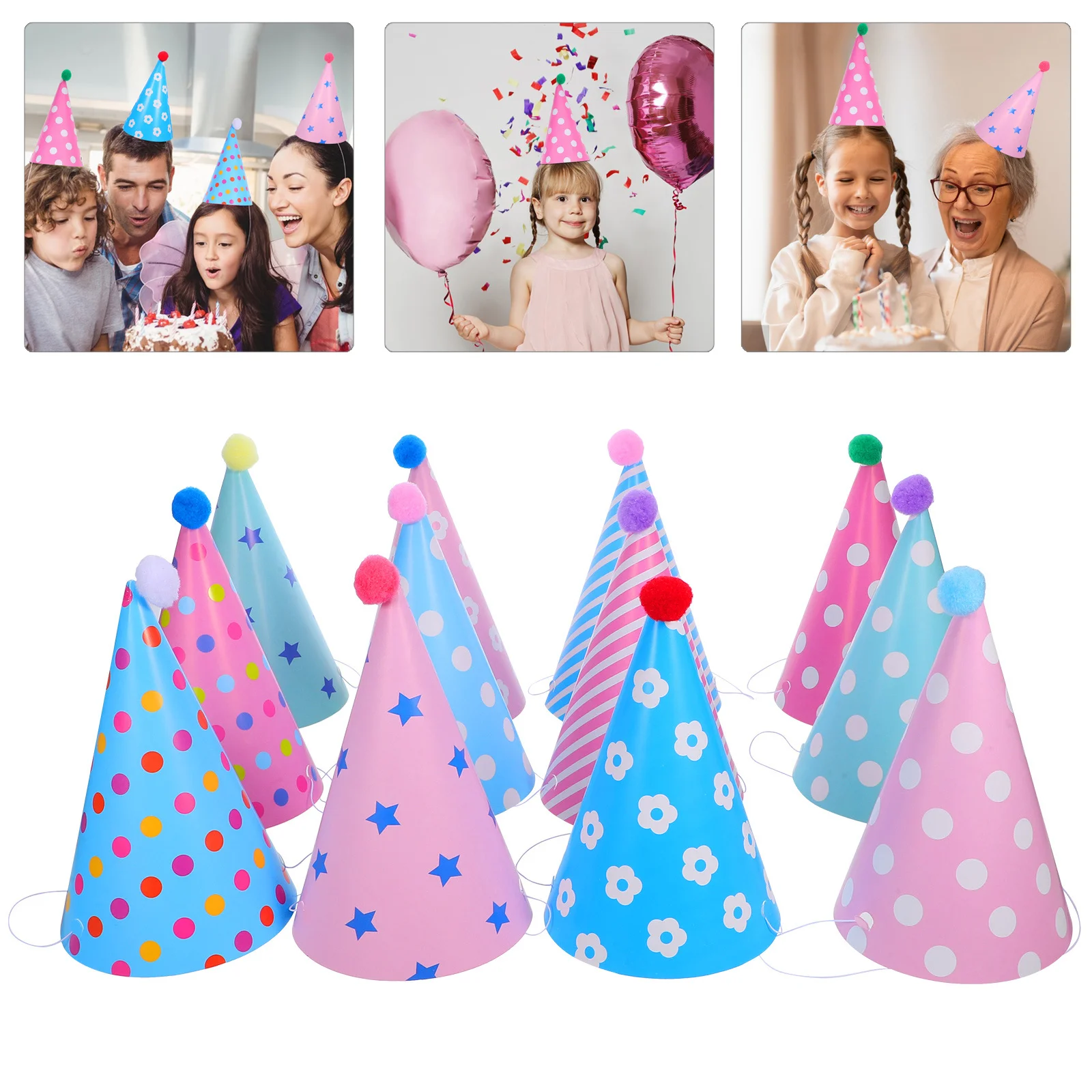 

12Pcs Birthday Party Hats Kids Colorful Paper Cone Caps Pompom Photo Booth Props Headwear Celebration Birthday Party Paper Hats