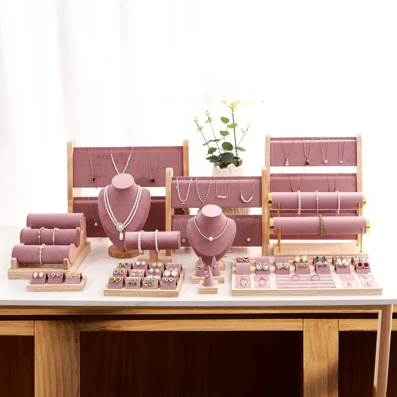 Solid wood pink jewelry display stand ring stud earrings necklace pendant bracelet storage display stand