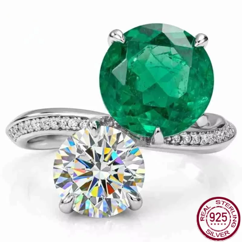 Yaranyan Vintage 100% 925 Sterling Silver 10 MM Round Cut Lab Sapphire Emerald High Carbon Diamonds Gemstone Ring Fine Jewelry