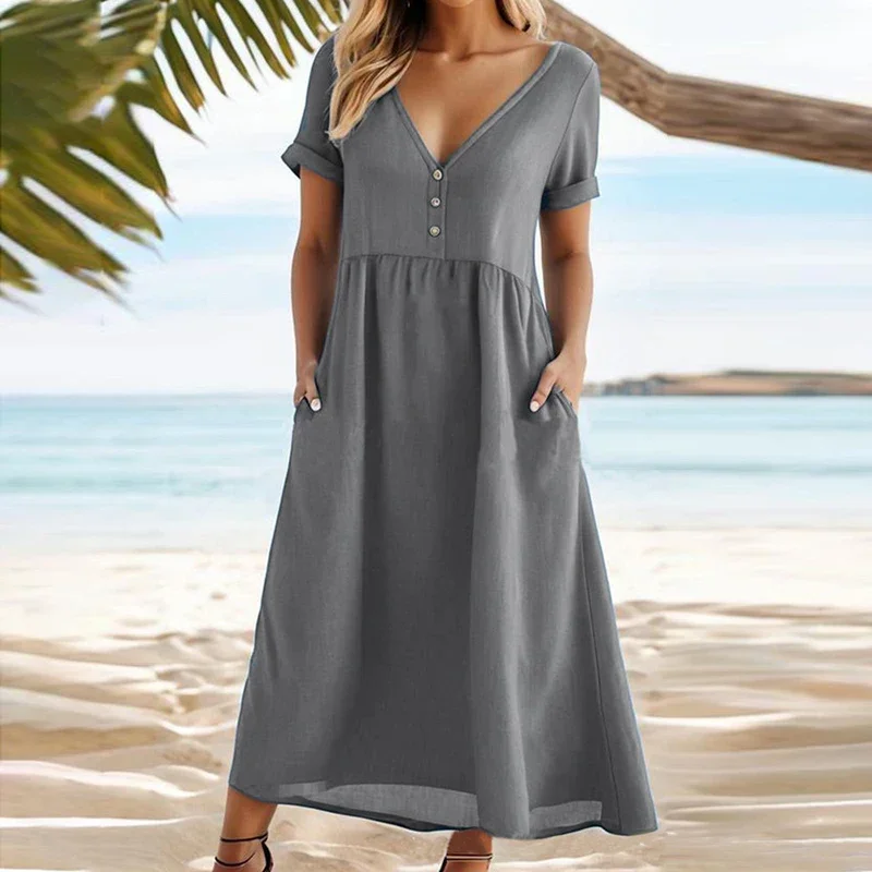 

Summer Casual Loose Elegant Long Line Dresses For Women Solid Beach Party Dress Women V Neck Button Maxi Dress 2024