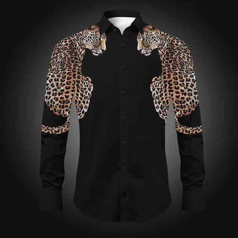 Shirt Men's Creative Black and White Wolf Leopard Shirt Business Casual Street Outdoor New Tops T-shirt Soft and Comfortable