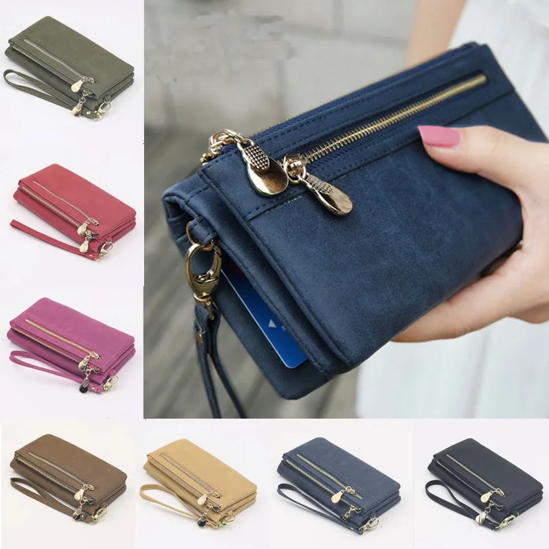 

Fashion Women Wallets Dull Polish Leather Wallet Double Zipper Day Clutch Purse Wristlet Portefeuille Handbags Carteira Feminina