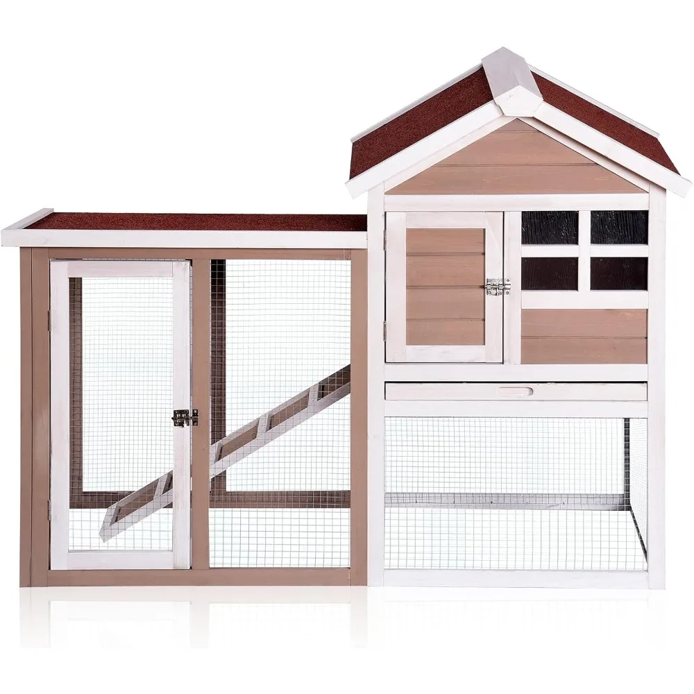 

Rabbit Hutch Indoor Outdoor Bunny Cage 2-Level with Pull Out Tray, Waterproof Roof, Lockable Doors, Wooden Chicken Coop