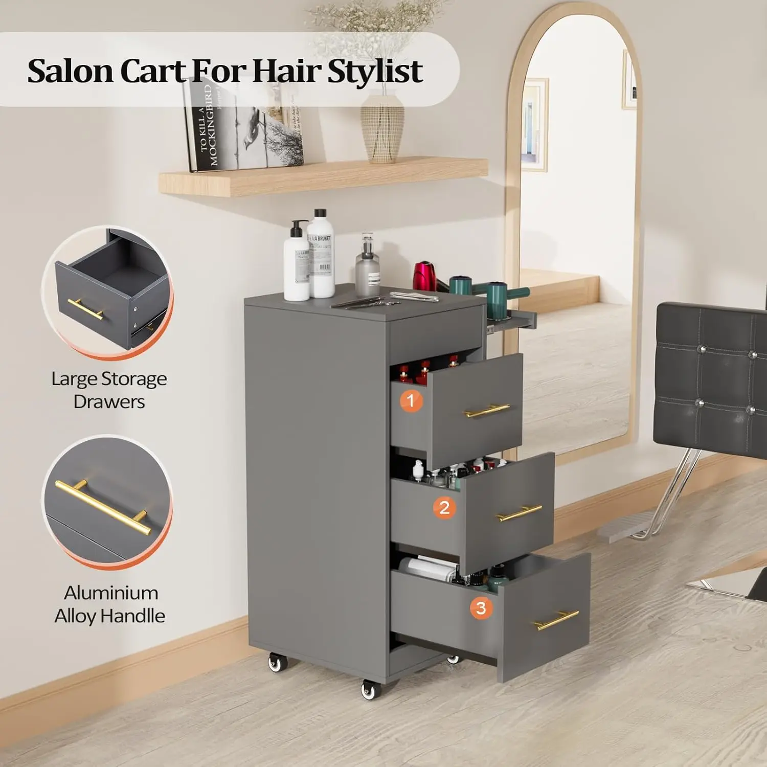 Salon Trolley Cart with Wheels, Hair Cart Mobile Storage Cabinet, Hairdressing Styling Tools Organizer, Rolling Salon Station fo