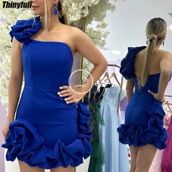 Thinyfull Mermaid Short Royal Blue Evening Party Dresses Strapless Sleeveless One Shoulder Satin Prom Dress Formal Occasion Gown