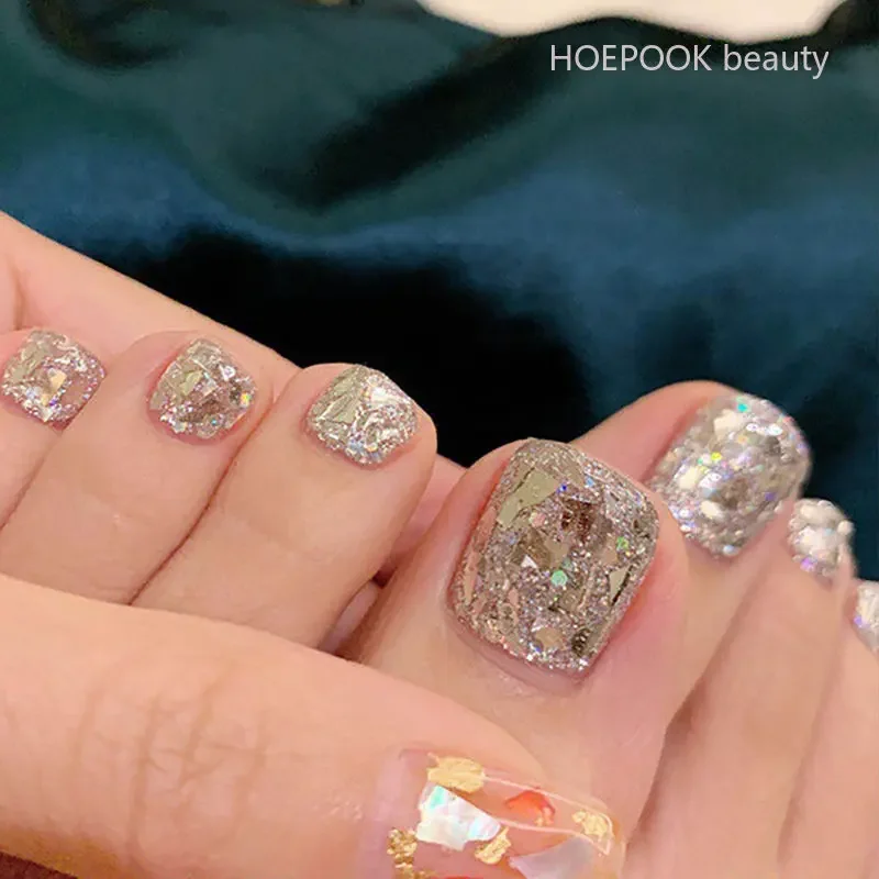 24 Stuks Zilver Diamant Glitter Nep Teen Nagels Afgewerkt Herbruikbare Valse Teennagels Kunst Verwijderbare Pers Op Nagel Set Gratis Verzending Items