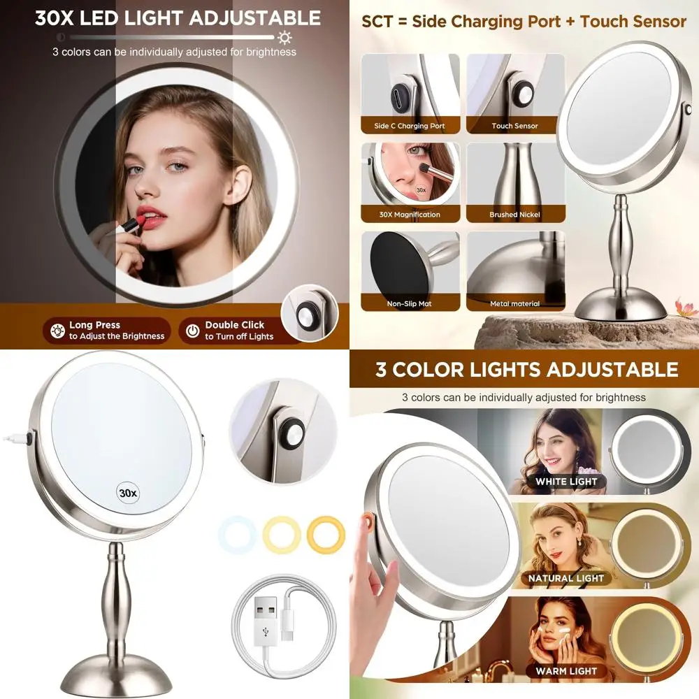 مرآة مكياج مكبرة مضيئة 30x مع سطوع قابل للتعديل، 360 درجة ° دوارة، تحكم باللمس، وشحن جانبي في ماডার্ন برو #1