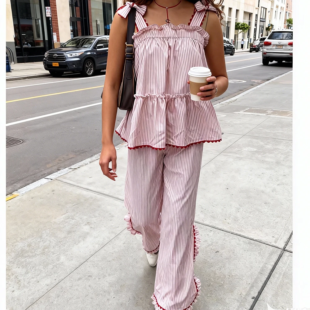 

Women Summer Vintage Plaid Pajamas Set Bow Tie Shoulder Striped Babydoll Tank Tops Ruffles Wide Leg Pants 2 Piece Loungewear