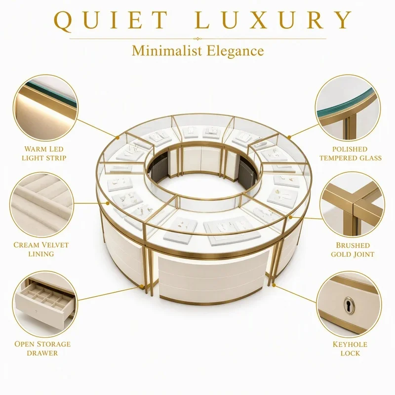 custom.Custom Walnut Wood Jewelry Display Circular Central Showcase Turnkey Store Fixtures Retail Interior Design