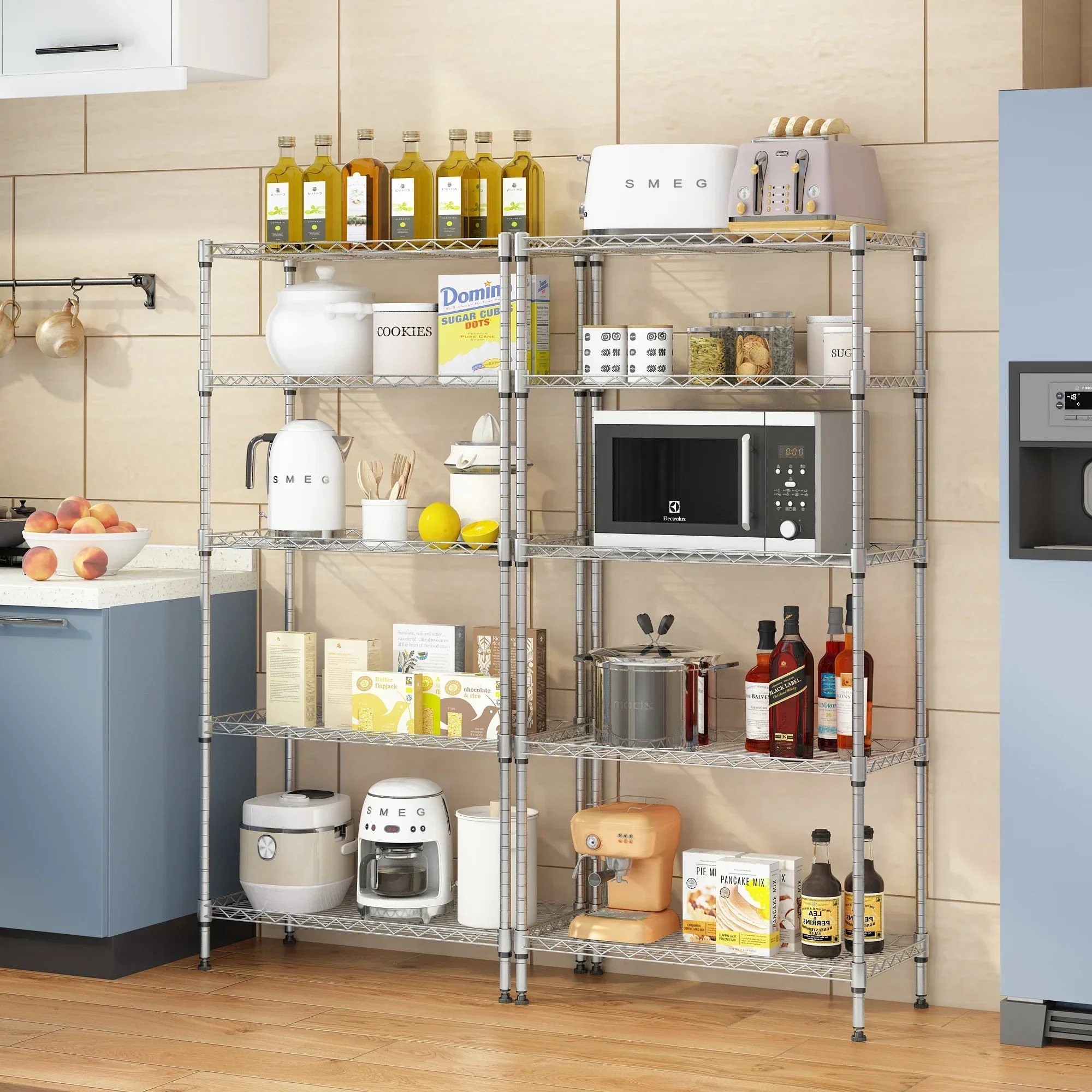 XM-304B رف تخزين مستطيل من الفولاذ الكربوني المعدني مكون من 5 أرفف باللون الفضي والرمادي