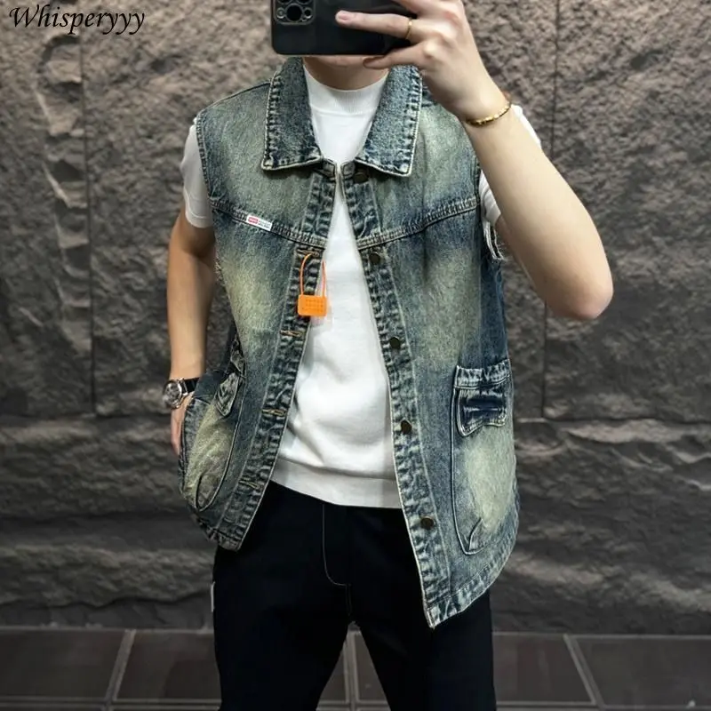 

Винтажный джинсовый жилет, куртка, мужская одежда, свободный весенне-осенний жилет-карго с отложным воротником без рукавов, карманы Colete Masculino