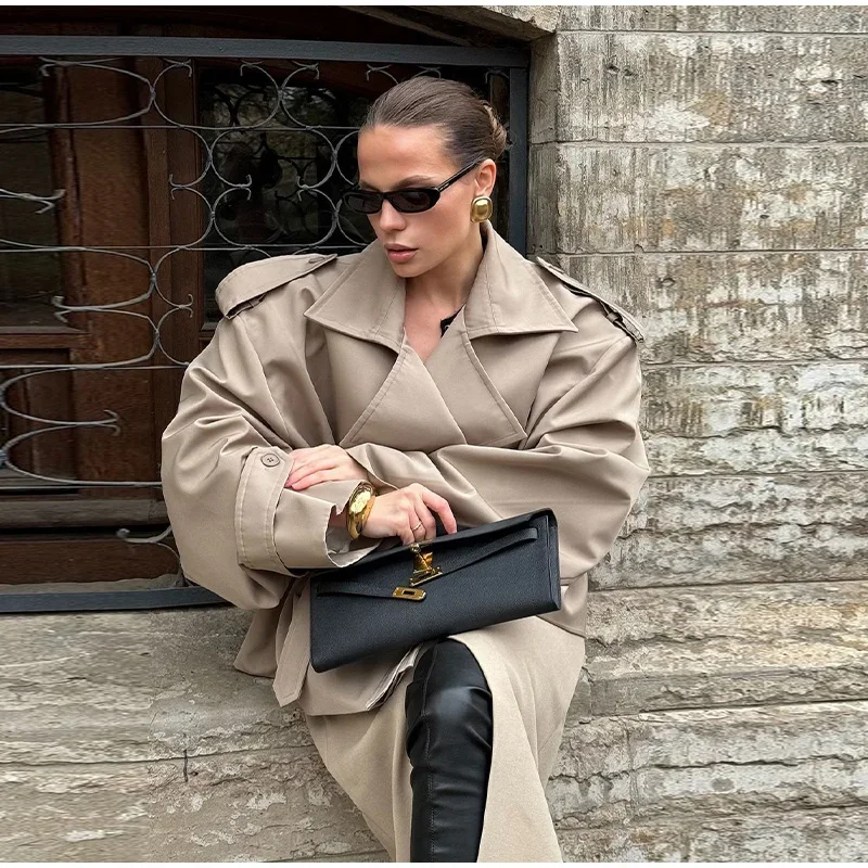 Chaquetas holgadas informales para mujer, cinturón de manga larga con solapa, cortavientos corto con doble botonadura, ropa de calle elegante a la moda para primavera y otoño