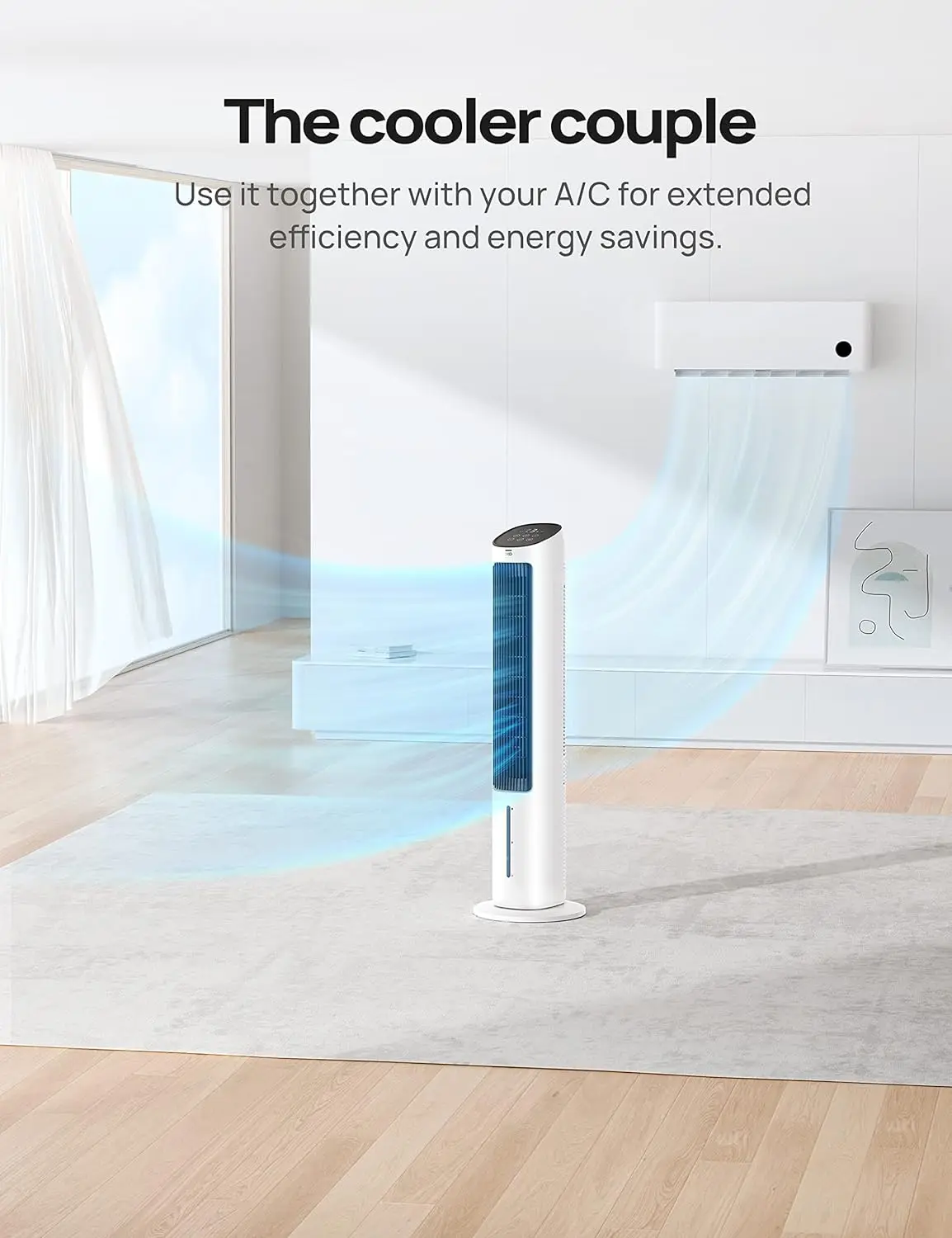 Evaporative Air Cooler, 80° Oscillating, Removable Water Tank, Ice Packs, Remote Control, 4 Speeds, 7H Timer