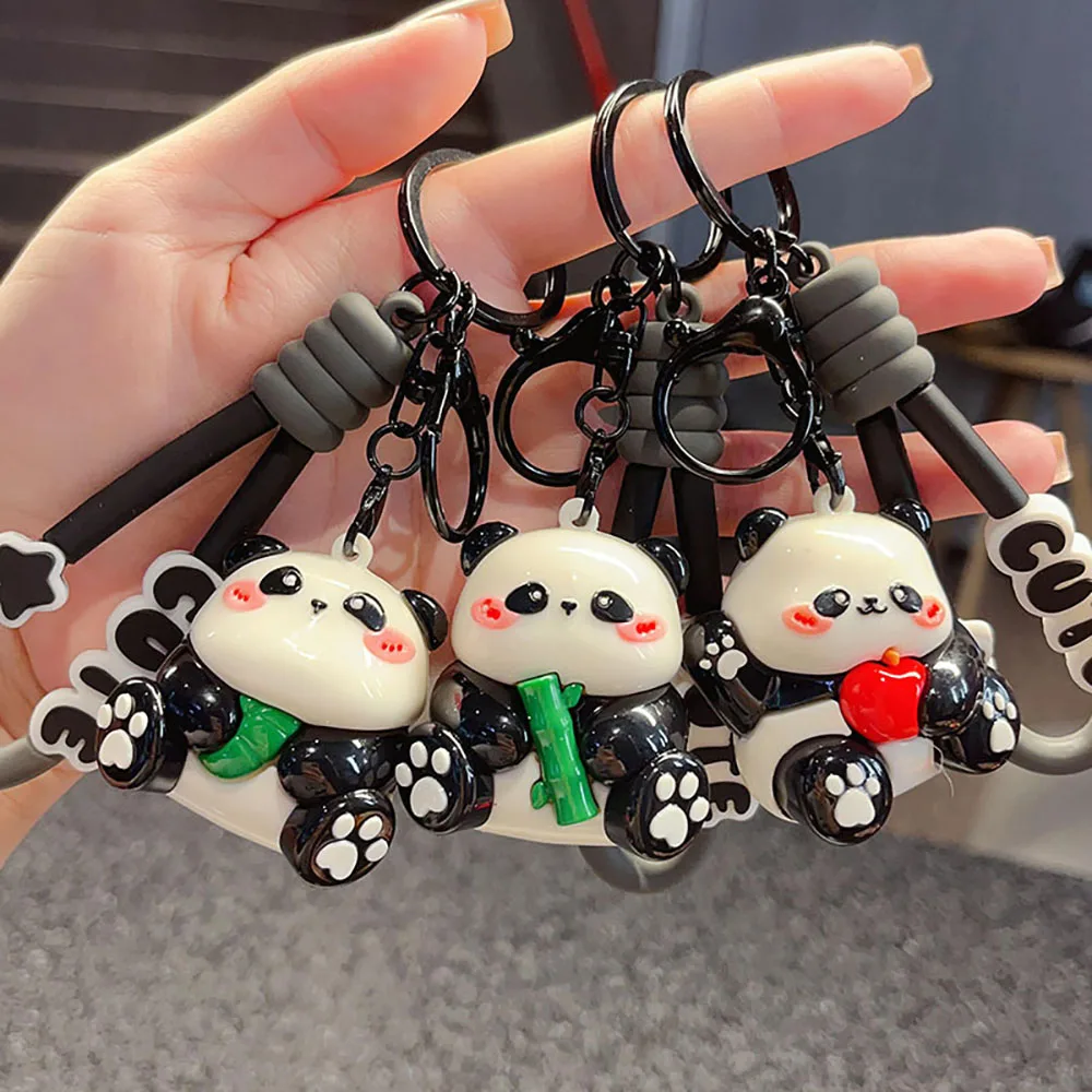 Creative Electroplated Panda Keychains Cute PVC Dolls Car Keyring Lovely Panda Couple Schoolbag Pendants Small Gift