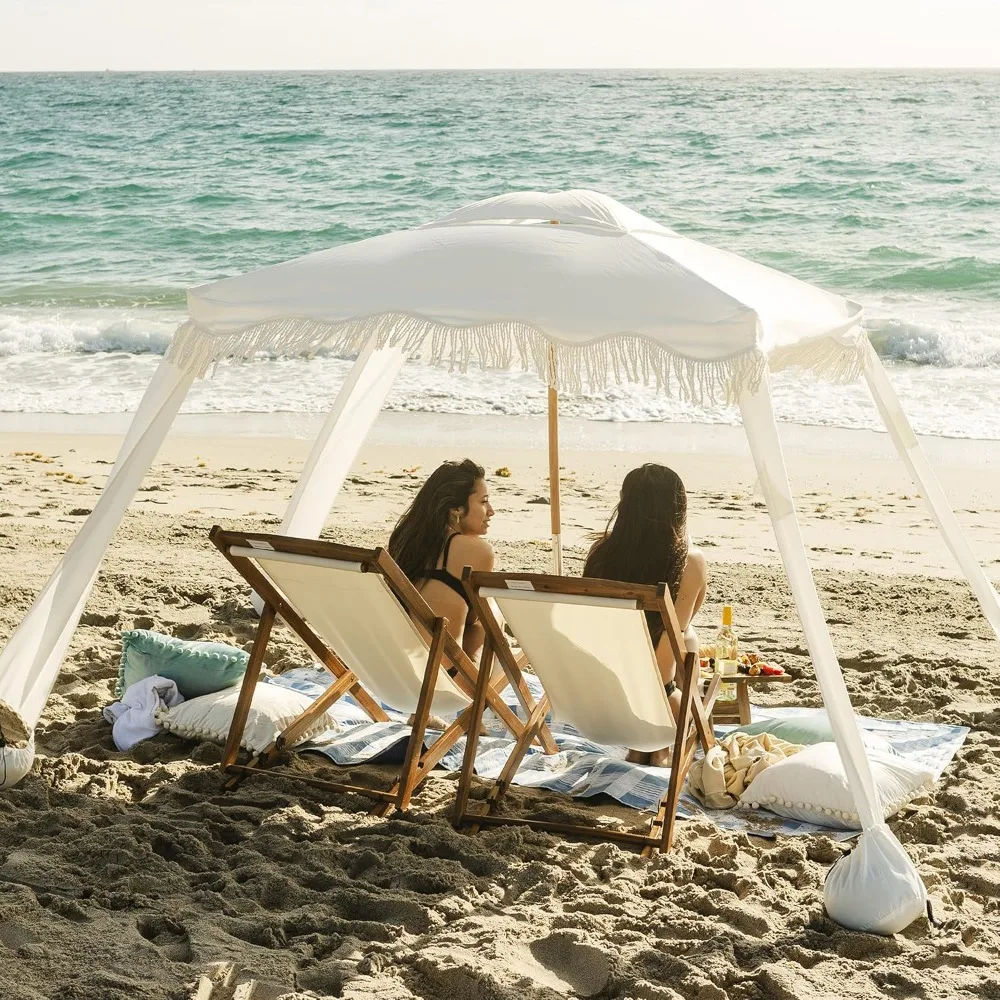 Beach Cabana with Fringe, 6'×6' Boho Beach Canopy with Tassels, Easy Set up & Premium Wood Pole, Cabana Tent with Sand Pockets