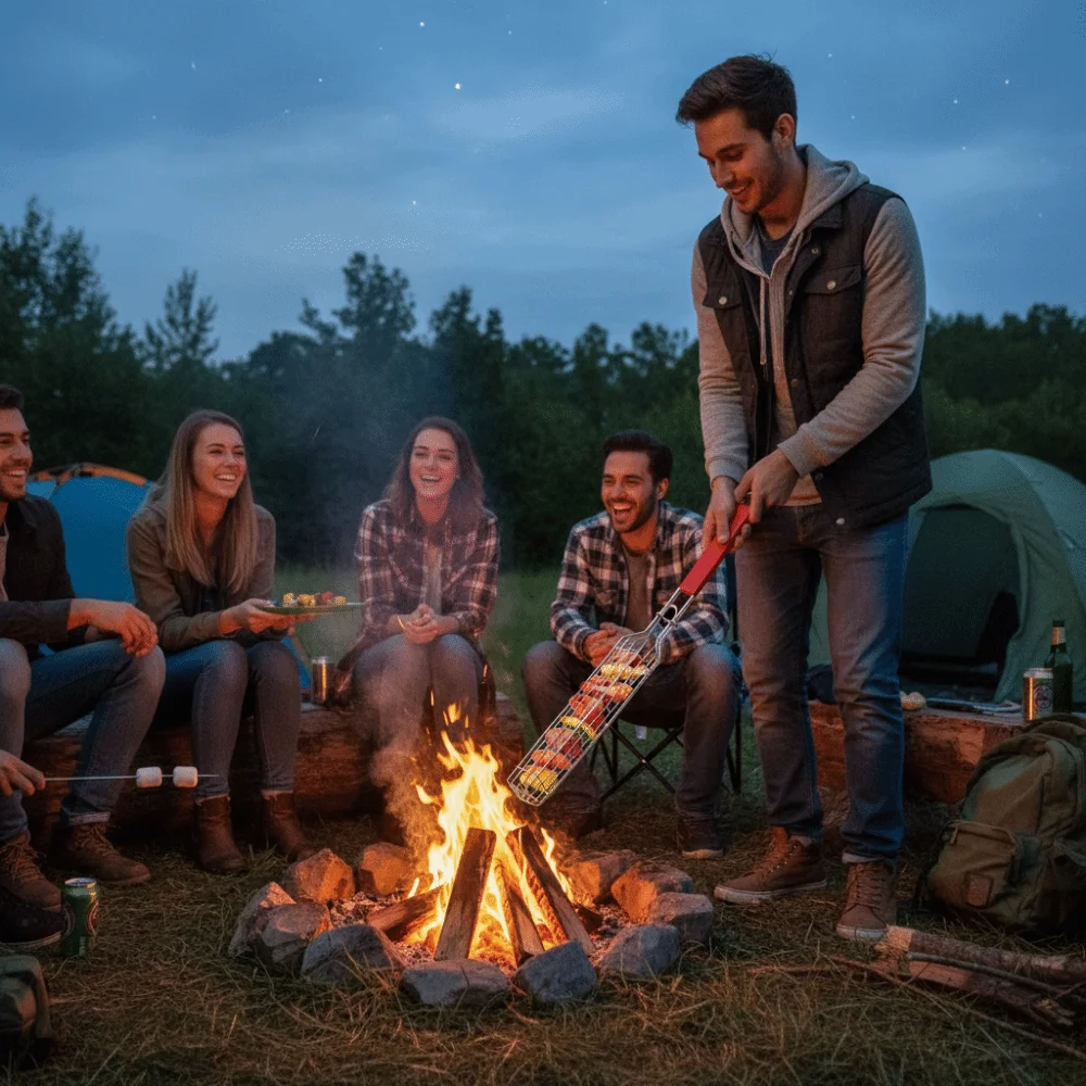 Grillrost mit Holzgriff, Antihaftbeschichteter Tragbarer Grillkorb, Netz-Clip für Würstchen, BBQ-Grillkorb für Picknick und Grillen – Detail 5