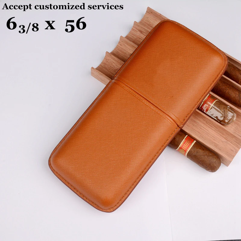 Leather Cigar Case  3 Tubes Cigar Holder Brown Travel Humdor Fits 54R Cigars  6 3/8 