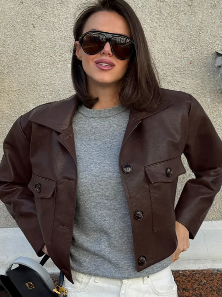 Single Breasted Cropped Brown Leather Jacket Women Casual Full Sleeve Lapel Pocket Short Coat Autumn Lady Commuting Streetwear
