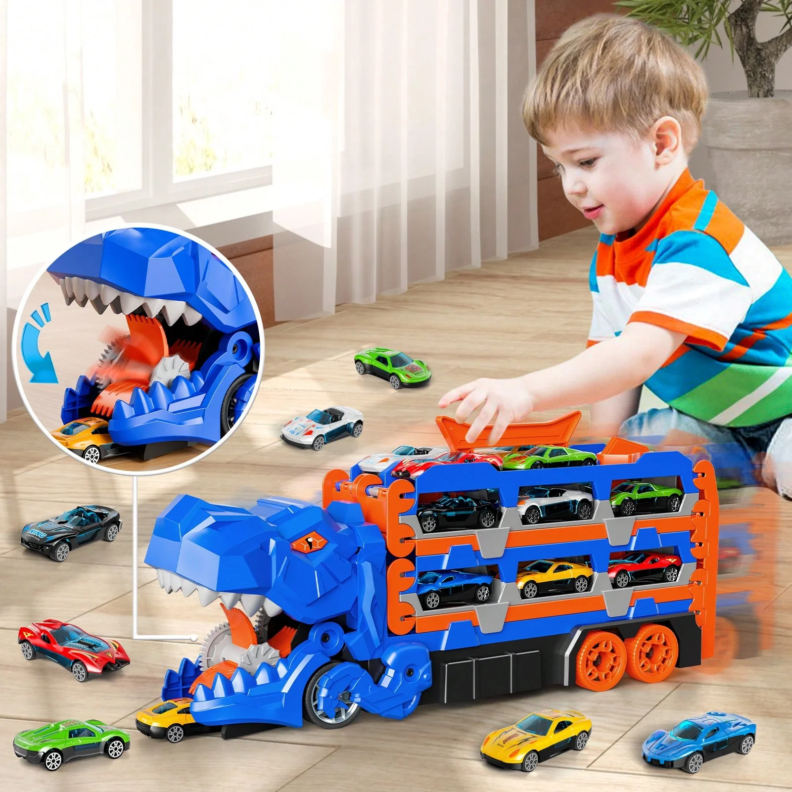 STEM Educational Toy: Dinosaur Truck & Track Set with 12 Alloy Cars | Super Long Raceway & Garage for Toddlers Boys Age 3-8 | De