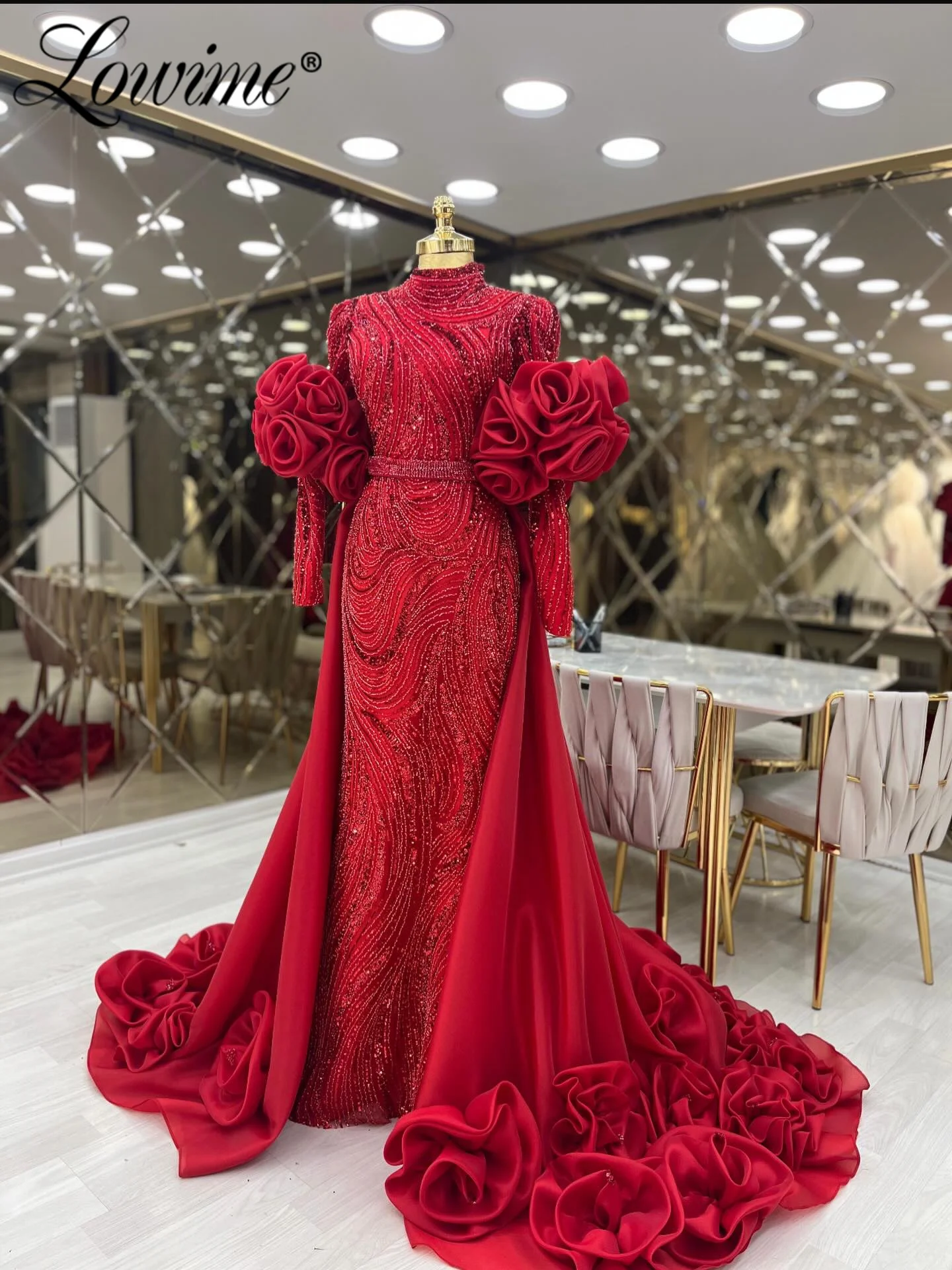 

Handmade Flowers Red Evening Dresses 2026 New Customized Muslim Long Sleeves Beaded Engagement Party Dress With Overskirt Robes
