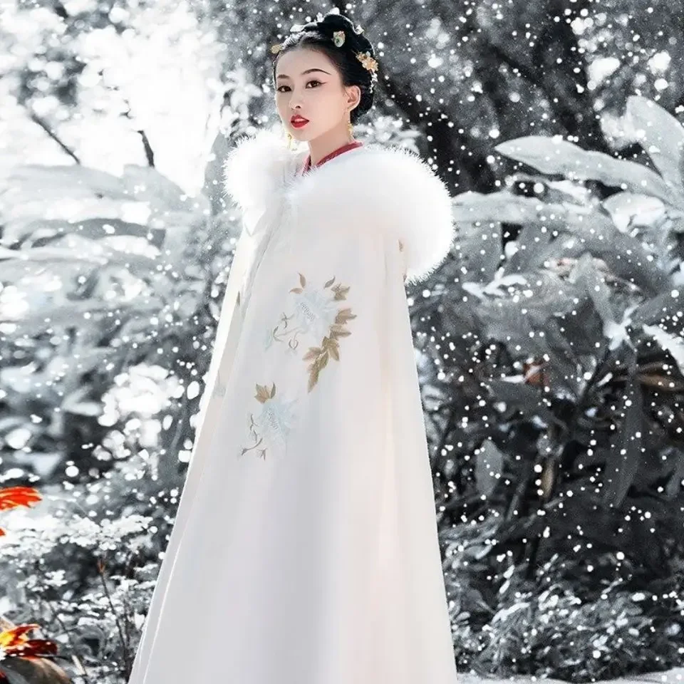 

Winter Chinese Traditional Long Hanfu Cloak Hat Women Ancient Palace Floral Embroidered Thicken Woolen Princess Cape White Red