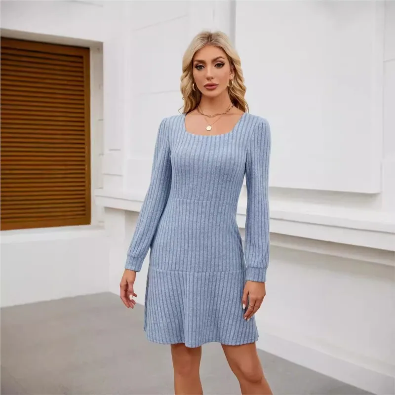 Sukienki Wizytowe Square Neck Knitted A-Line Solid Color Long Sleeve Autumn Winter Pocket Casual Skirt Kleidersets Prom Dresses
