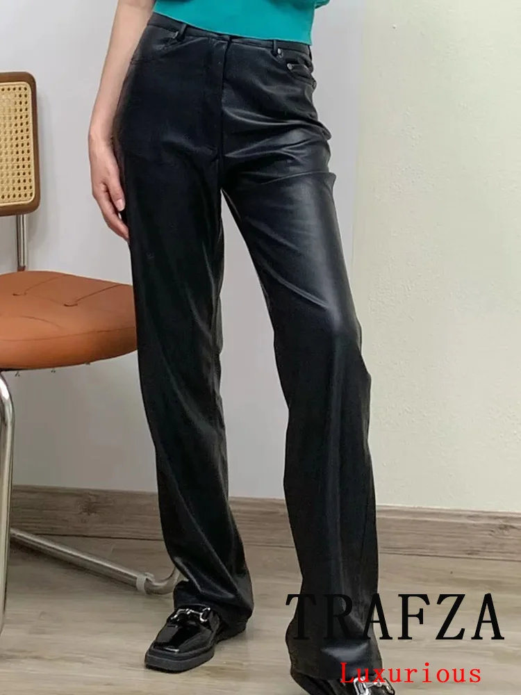 TRAFZA Vintage Casual Chic Frauen Hosen Schwarz Solide Gerade Zipper Lose Hosen Neue Mode 2024 Herbst Winter Leder Hosen