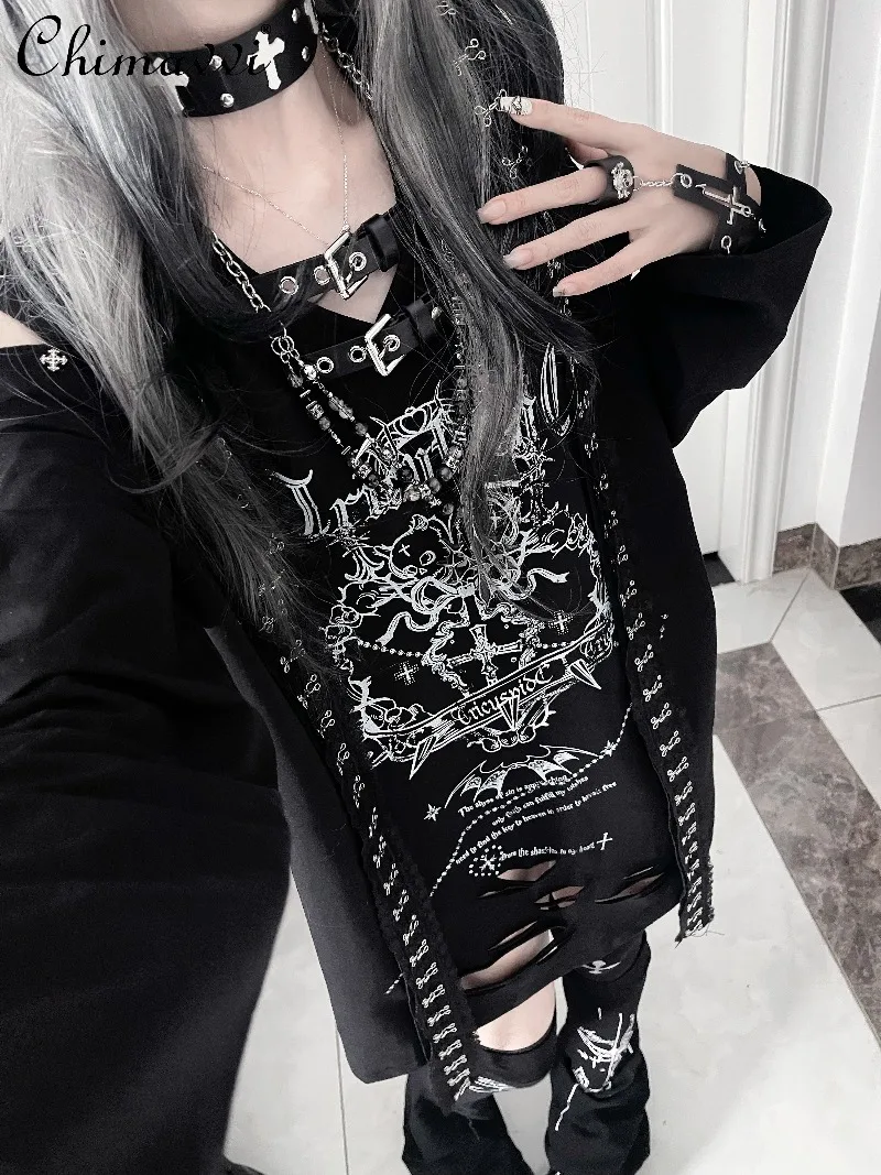 

Original Japanese Subculture Print Dark Girl Loose Long Sleeve Off-Shoulder T-Shirt Fashion Loose Dark Gothic Pullover Tees Top